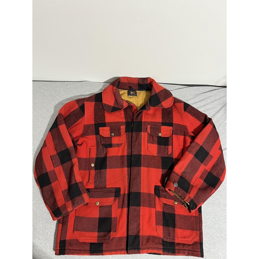 Vintage Woolrich Jacket Mens L Red Black Buffalo Plaid Wool Hunting Coat 40-50s
